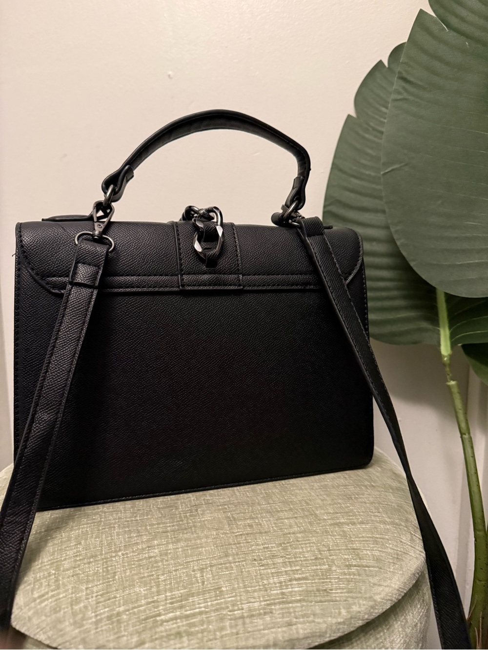 Badgley Mischka Black Studded Chain Logo Structured Shoulder Satchel Bag - Picture 4 of 10